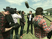 Shoot of an interview infront the Reichstag in Berlin/Germany. Local Fixer and Field Producer Lars von Lennep brought the camera crew there.